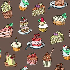 Cupcakes seamless vector pattern sketch style on retro brown background. Sweet cakes background design. Illustration with pastry and pieces of poundcakes.