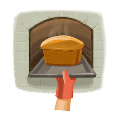 Take out the pan with a loaf of bread from the oven