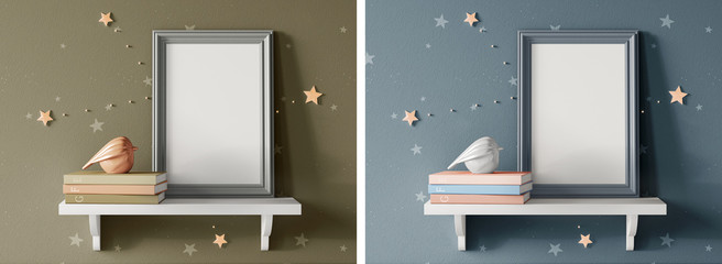 3d realistic render frame on shelf with books and ceramic bird. Mock up template. Fashion design.