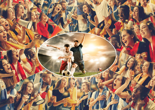 Group of happy fans are cheering for their team victory. Male and female models as a fans of football or soccer team while it's match at the stadium. Collage made of different photos of 10 people.