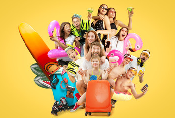 Young people's half-length portrait isolated on yellow studio background. Smiling friends in caps with swimrings. Ready for summer, weekend, resort or vacation. Creative collage, facial expression.