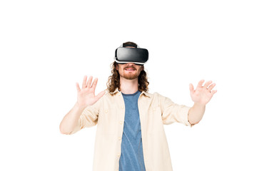 young man using VR headset isolated on white