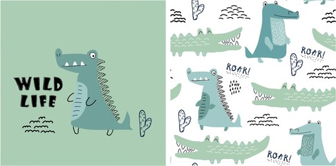 set of cute crocodile print and seamless pattern with crocodiles.vector