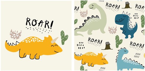 set of cute dinosaur print and seamless pattern with dinosaurs. vector illustration © neapol