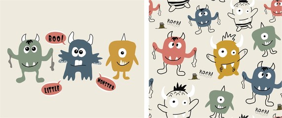 set of cute monster print and seamless pattern with monsters.vector illustration
