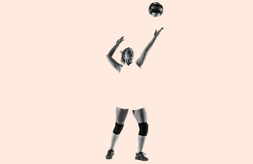 Fototapeta na wymiar Young female volleyball player, creative collage. Woman in sport's equipment and shoes or sneakers training and practicing. Concept of sport, healthy lifestyle, motion and movement, action.