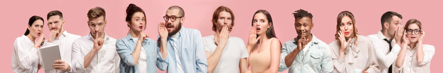 Secret, gossip concept. Young men and women whispering a secret behind hands. Business people on trendy pink studio background. Human emotions, facial expression concept. Creative collage of 9 models. - obrazy, fototapety, plakaty