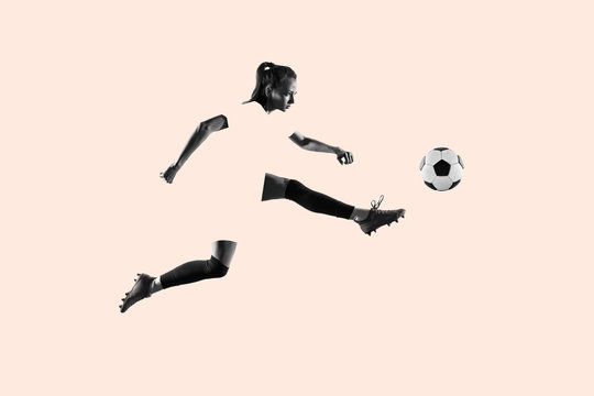 Young female soccer or football player with long hair in sportwear and boots kicking ball for the goal in jump, creative collage. Concept of healthy lifestyle, professional sport, hobby, female