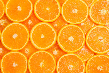 Slices of oranges as a background, top view.