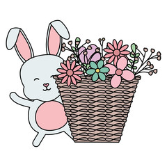 cute little rabbit with basket straw and flowers