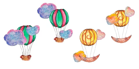 Glasschilderij Aquarel luchtballonnen Handgetekende aquarel romantische set luchtballons
