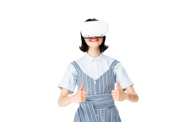 girl with VR headset showing thumbs up at camera isolated on white