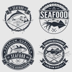 Set of Seafood label, badge, emblem or logo for seafood restaurant, menu design element. Vector illustration