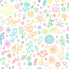 Seamless pattern with birds and plants on a white background. Vector contour color image.