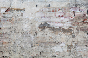 Old Weathered Concrete Decay Wall Texture With Red Bricks Visible