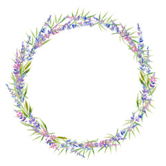 Fototapeta na wymiar Watercolor lavender wreath of flowers, circle. floral provencal style design