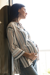 Beautiful young pregnant woman standing at the window