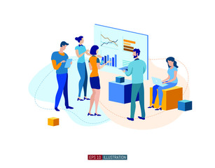 Trendy flat illustration. Office workers planing business mechanism, analyze business strategy and exchange ideas.Template for your design works. Vector graphics.