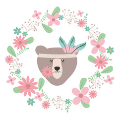 bear grizzly with floral decoration bohemian style