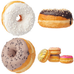 Set of various colorful donuts isolated on white background