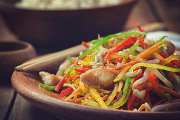Stir fried vegetables with white chicken meat and sprouts