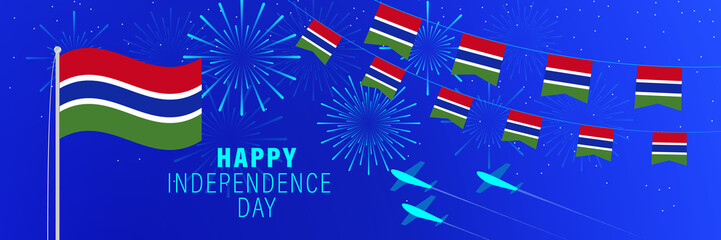 January 18 Gambia Independence Day greeting card. Celebration background with fireworks, flags, flagpole and text.