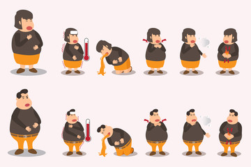 Men and obese women have various illnesses and various diseases. health and medicine character cartoon vector illustration.