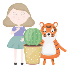 cute tiger and girl with exotic cactus in ceramic pot