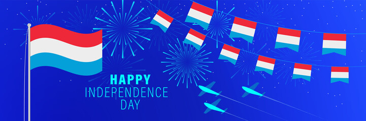 June 9 Luxembourg Independence Day greeting card. Celebration background with fireworks, flags, flagpole and text.