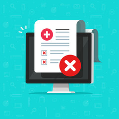 Bad medical check or diagnosis document vector illustration, flat cartoon computer with unhealthy patient document report on screen, online clinical test results analysis image