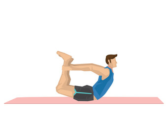Illustration of a strong man practicing yoga with a bow pose.