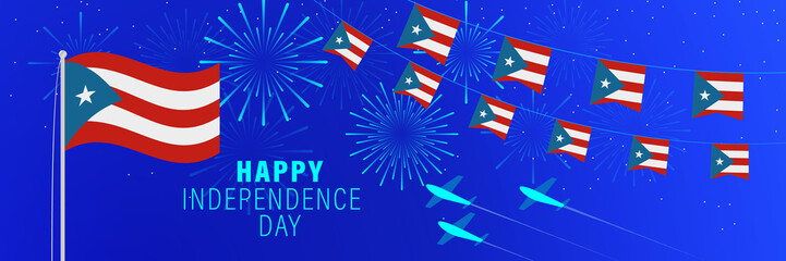 October 19 Puerto Rico Independence Day greeting card. Celebration background with fireworks, flags, flagpole and text.