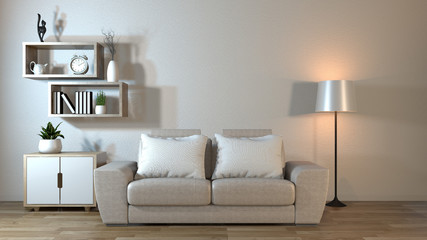 Modern living room interior with sofa and green plants,lamp,table zen style.3d rendering