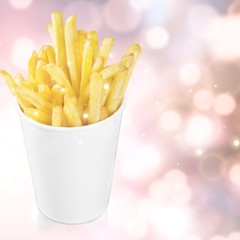 french fries in a paper wrapper on white background