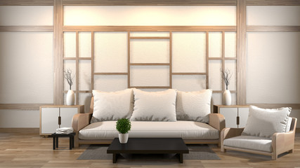 interior design zen living room with low table,pillow,frame,lamp on wood floor.3D rendering