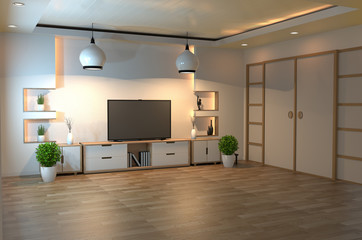 interior design,modern living room with smart tv,table,lamp,wood floor and white wall minimal style.3D rendering