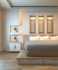 Modern zen peaceful Bedroom. japan style bedroom with shelf wall design hidden light and decoration japanese style.3D rendering