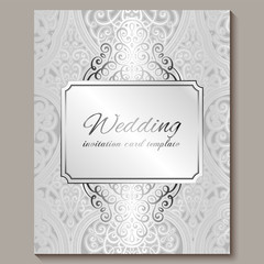 Wedding invitation card with silver shiny eastern and baroque rich foliage. Intricate Ornate islamic background for your design. Islam, Arabic, Indian, Dubai.