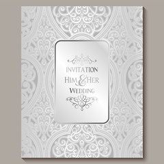 Wedding invitation card with silver shiny eastern and baroque rich foliage. Intricate Ornate islamic background for your design. Islam, Arabic, Indian, Dubai.