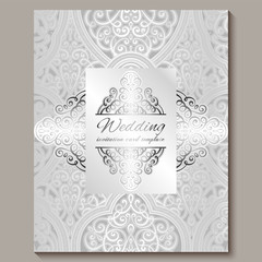 Wedding invitation card with silver shiny eastern and baroque rich foliage. Intricate Ornate islamic background for your design. Islam, Arabic, Indian, Dubai.