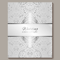 Wedding invitation card with silver shiny eastern and baroque rich foliage. Intricate Ornate islamic background for your design. Islam, Arabic, Indian, Dubai.