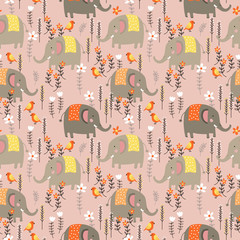 Cute elephant in wild flower field seamless pattern.