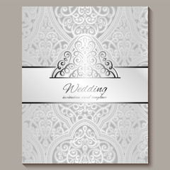 Wedding invitation card with silver shiny eastern and baroque rich foliage. Intricate Ornate islamic background for your design. Islam, Arabic, Indian, Dubai.