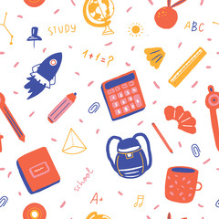 Back to school seamless pattern. Cute doodle background. Colorful education concept