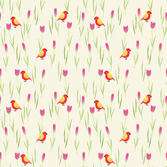 Sweet flowers and tiny bird seamless pattern.