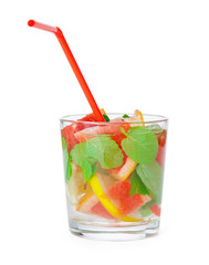 cold drink with different citrus and herbs in glasses on a white background. Cocktail