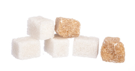 White refined sugar and brown unrefined sugar cubes