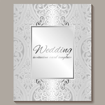 Wedding invitation card with silver shiny eastern and baroque rich foliage. Intricate Ornate islamic background for your design. Islam, Arabic, Indian, Dubai.