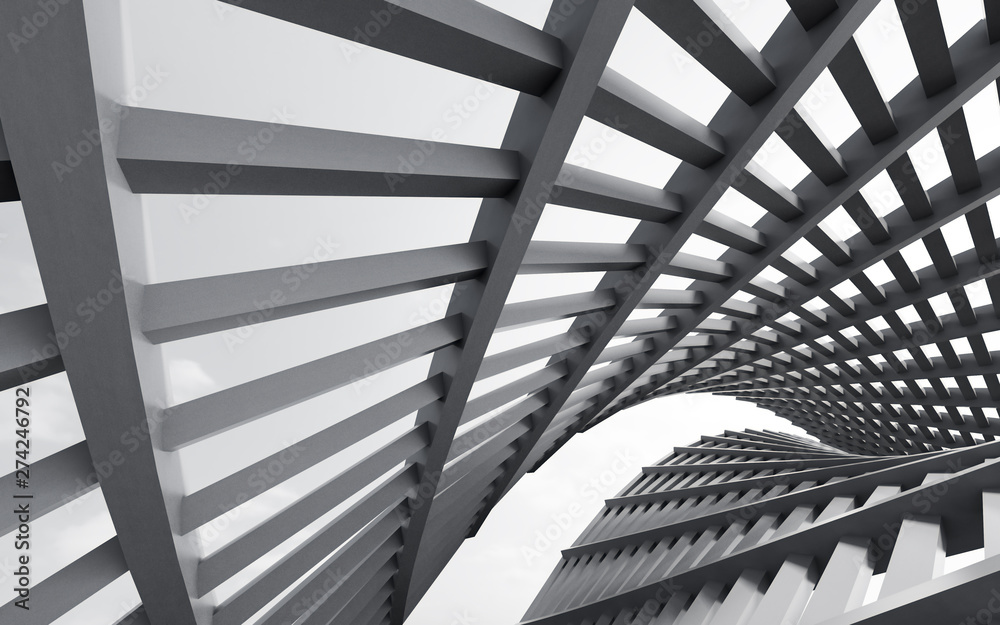 Poster abstract of metal structure,steel architecture design,black and white image of future building. 3d r