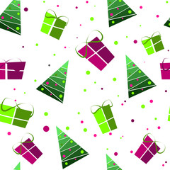  Flat vector. Seamless pattern. Christmas tree, green and pink boxes on a white background.